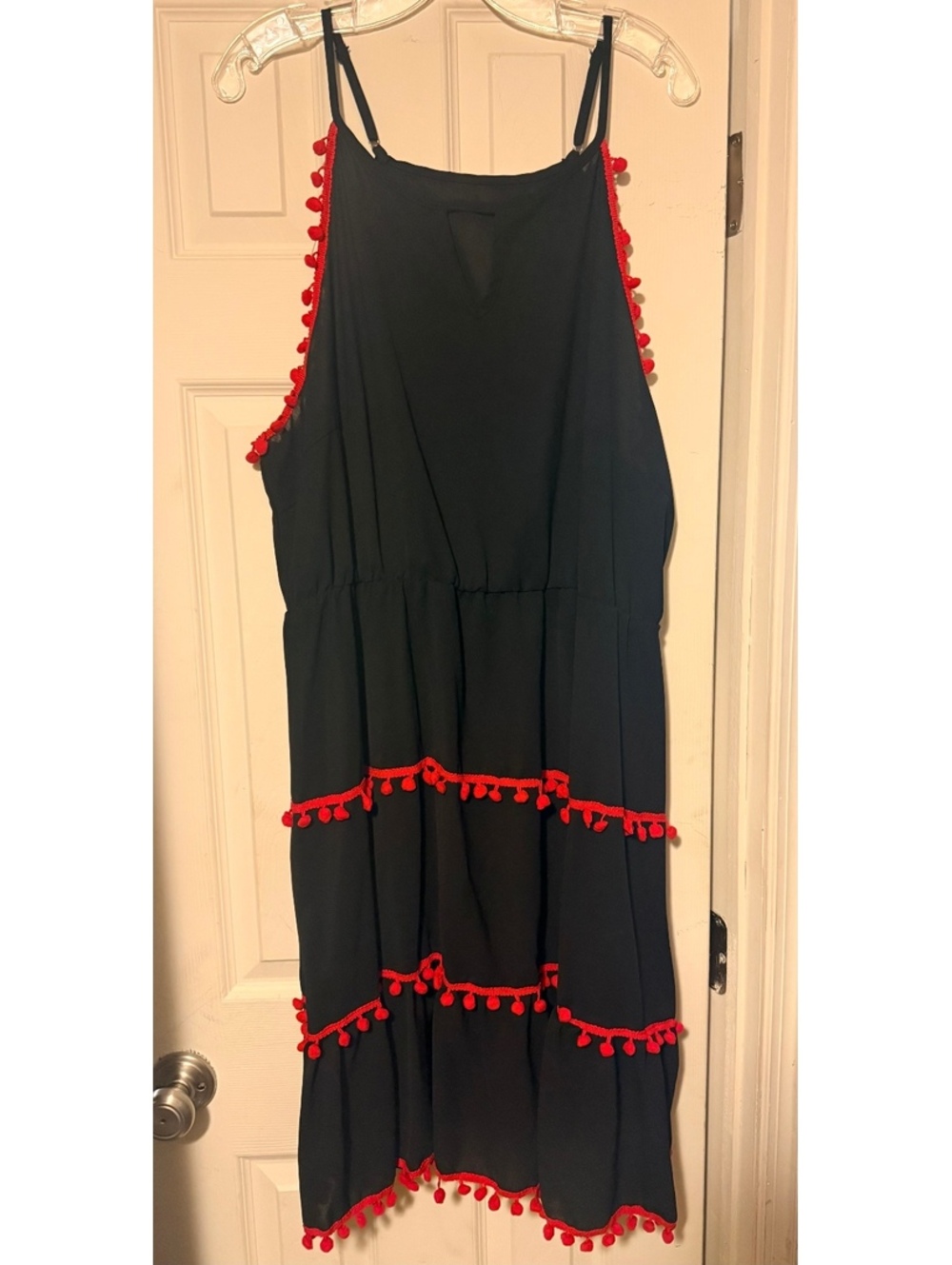 Women’s Plus SHEIN Curve Dress 3X Black Red Pom Poms Sundress Short Keyhole